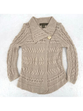 Inis Crafts Beige Cable Knit Cardigan Sweater 100% Merino Wool Fisherman Ireland